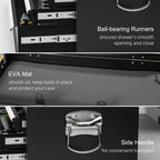 Open black tool chest showing drawer slides, textured EVA mat, and side carry handle