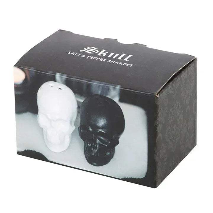 Skull salt and pepper shakers gift box showing dark and white skull shakers