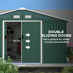 Green storage shed with double sliding doors and two roof ventilation vents