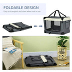 Inside view of grey foldable pet carrier with faux lamb fleece mat and soft padding