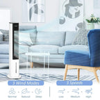 White tower portable air cooler with black grille and air louvers for airflow