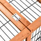 Wooden pet hutch wire mesh with metal hinge plates and screws on frame