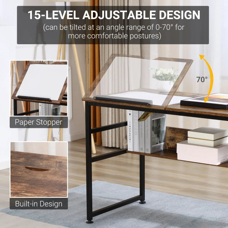 Adjustable drafting table featuring tiltable angled writing surface and lower open shelf