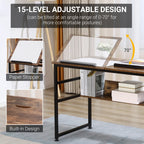 Adjustable drafting table featuring tiltable angled writing surface and lower open shelf