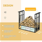 Black steel firewood rack illustration with side hooks and rust-resistant surface