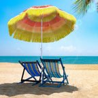 Multicolour Hawaiian parasol with fringed canopy over a beach chair set
