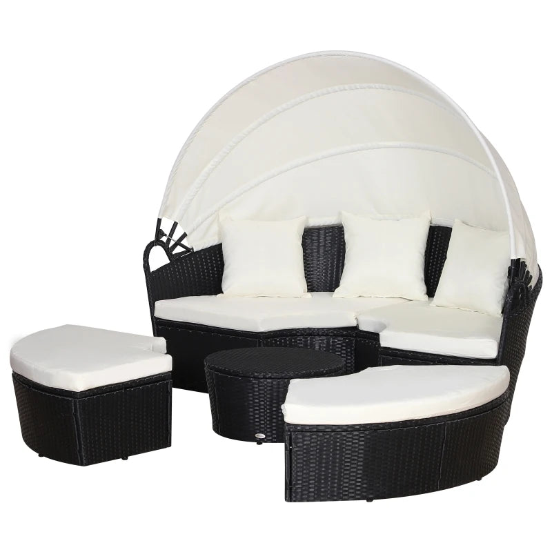 Five-Piece Rattan Garden Bed, with Canopy - Black & White