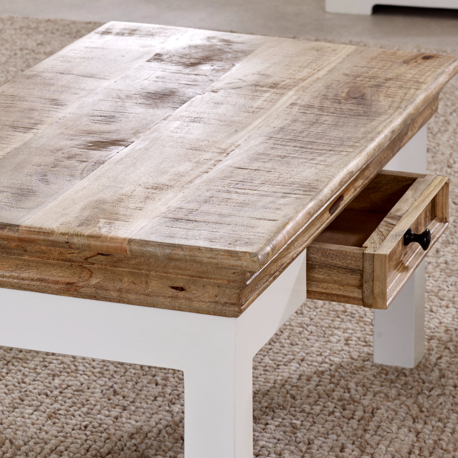 Bianco Solid Mango Wood White Coffee Table With Drawer