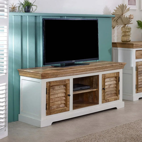 White mango wood TV cabinet with turquoise back panel, open media shelf and side doors