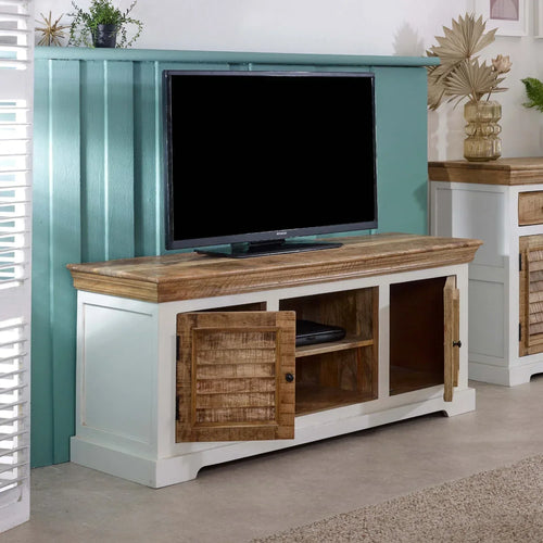 White mango wood TV cabinet with turquoise back panel; open shelf, side cabinets with doors