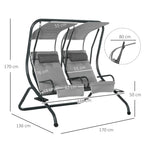Grey two-seat canopy swing chair with handrails, shown with size measurements