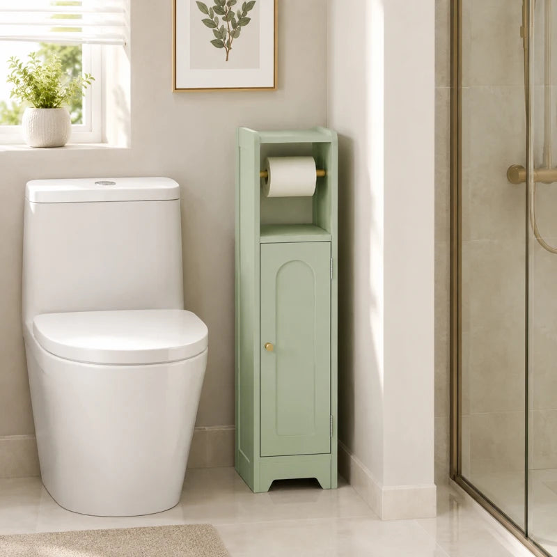Light green narrow bathroom cabinet with toilet roll holder and door for storing essentials
