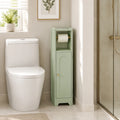 Light green narrow bathroom cabinet with toilet roll holder and door for storing essentials