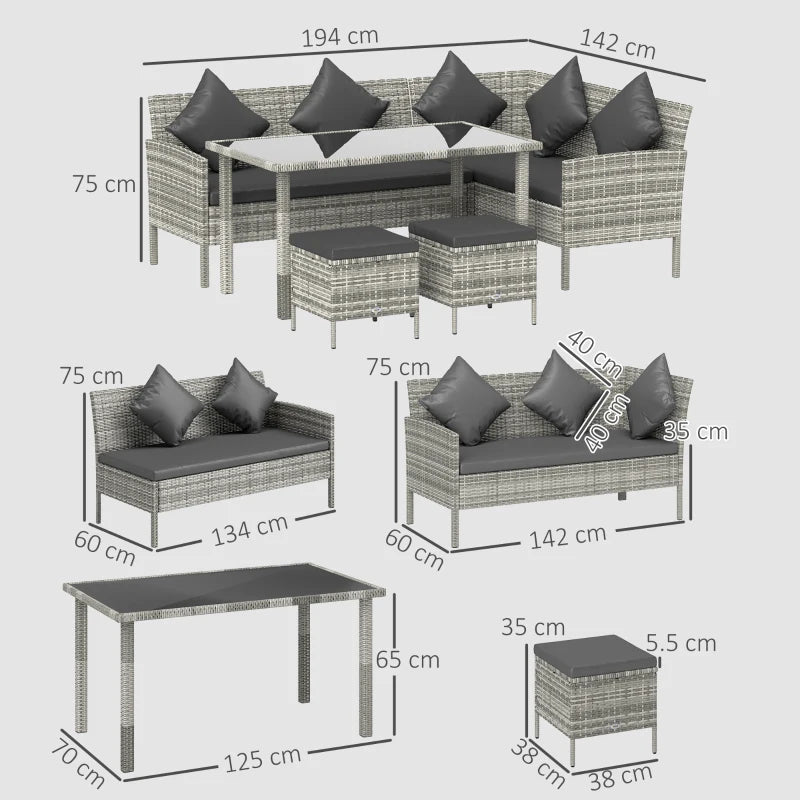 tsunny 6-Seater Rattan Dining Set Sofa Table Footstool Outdoor w/ Cushion Garden Furniture, Dark Grey