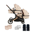 Tandem pushchair with two beige giraffe-print seats and black frame, twin canopies