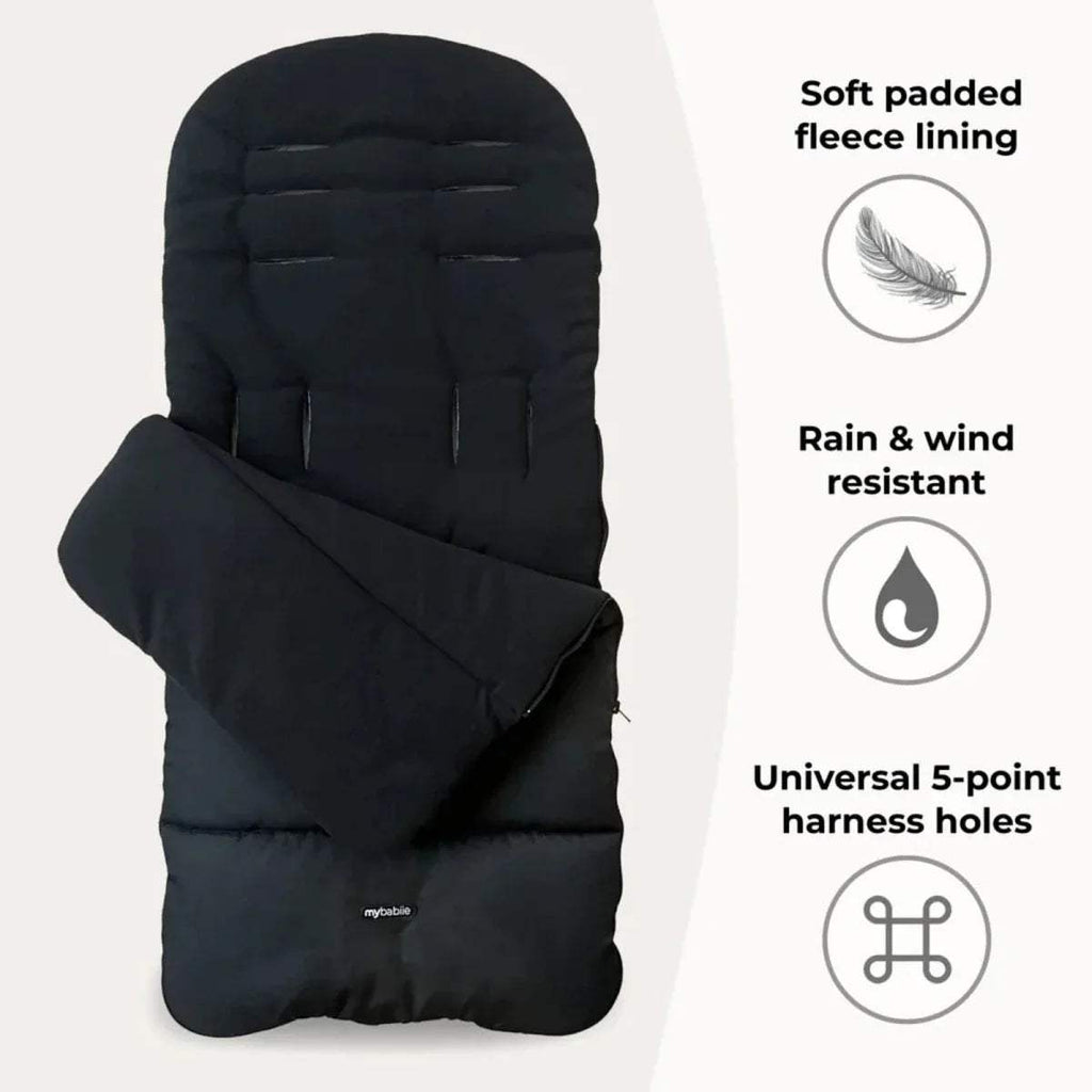 Black quilted footmuff with soft fleece lining and zip opening