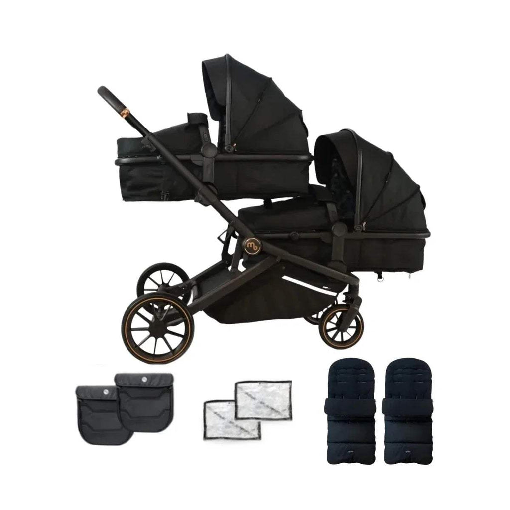 Black tandem pushchair with two seats, leopard-print accents and two padded footmuffs