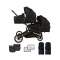 Black tandem pushchair with two seats, leopard-print accents and two padded footmuffs