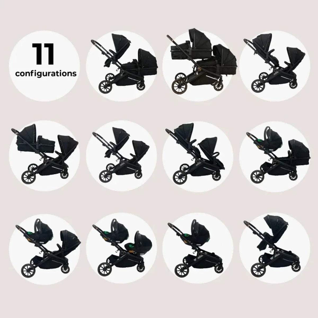 Black tandem pushchair shown from multiple angles with twin seats and canopies