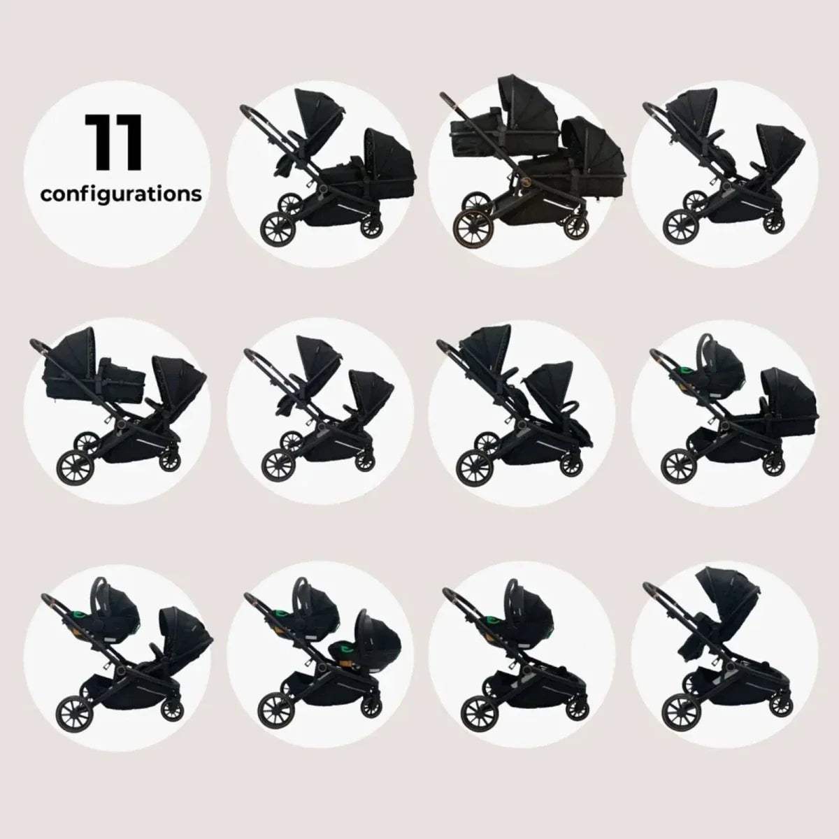 Black tandem pushchair shown from multiple angles with twin seats and canopies