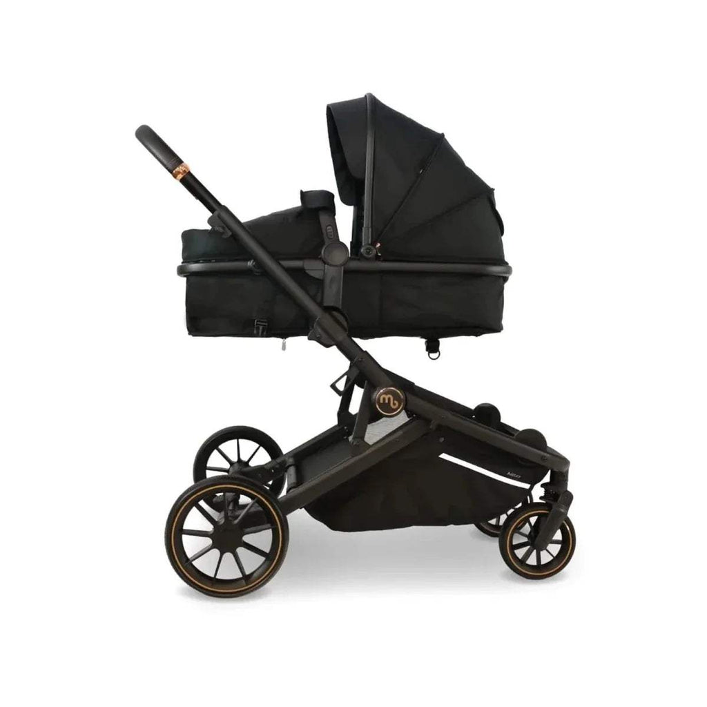Black tandem pushchair with two canopies and large spoked wheels