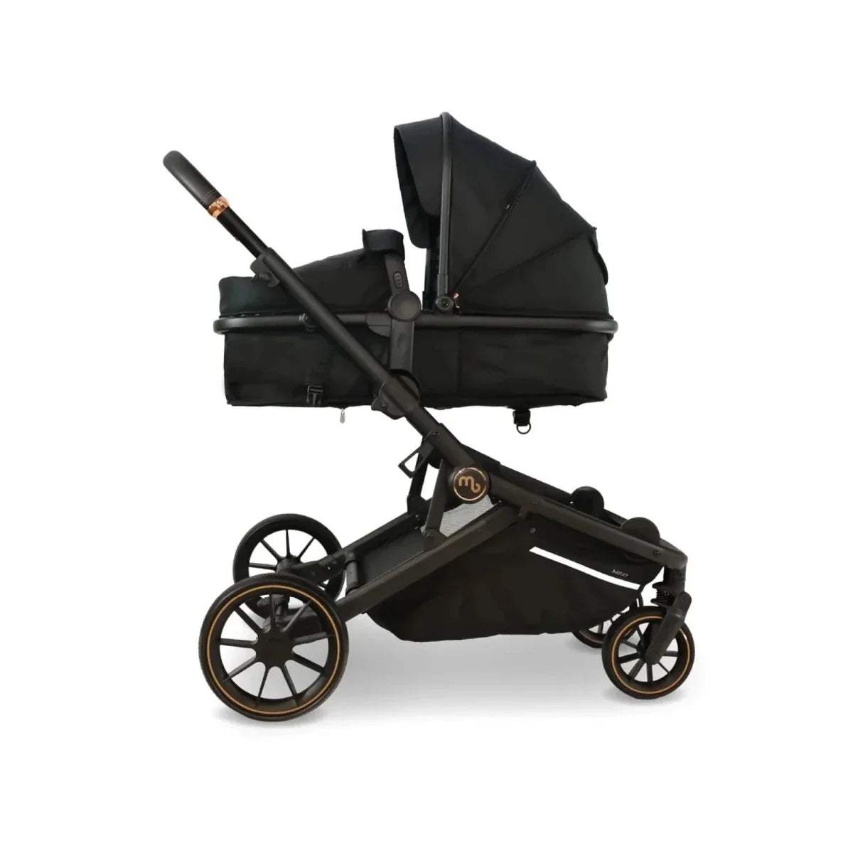 Black tandem pushchair with two canopies and large spoked wheels