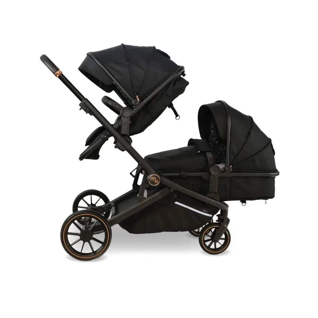 Black tandem pushchair with dual seats, canopies, and front steering wheels