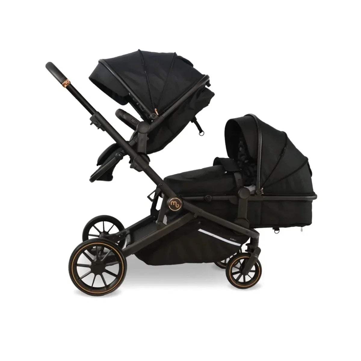 Black tandem pushchair with dual seats, canopies, and front steering wheels