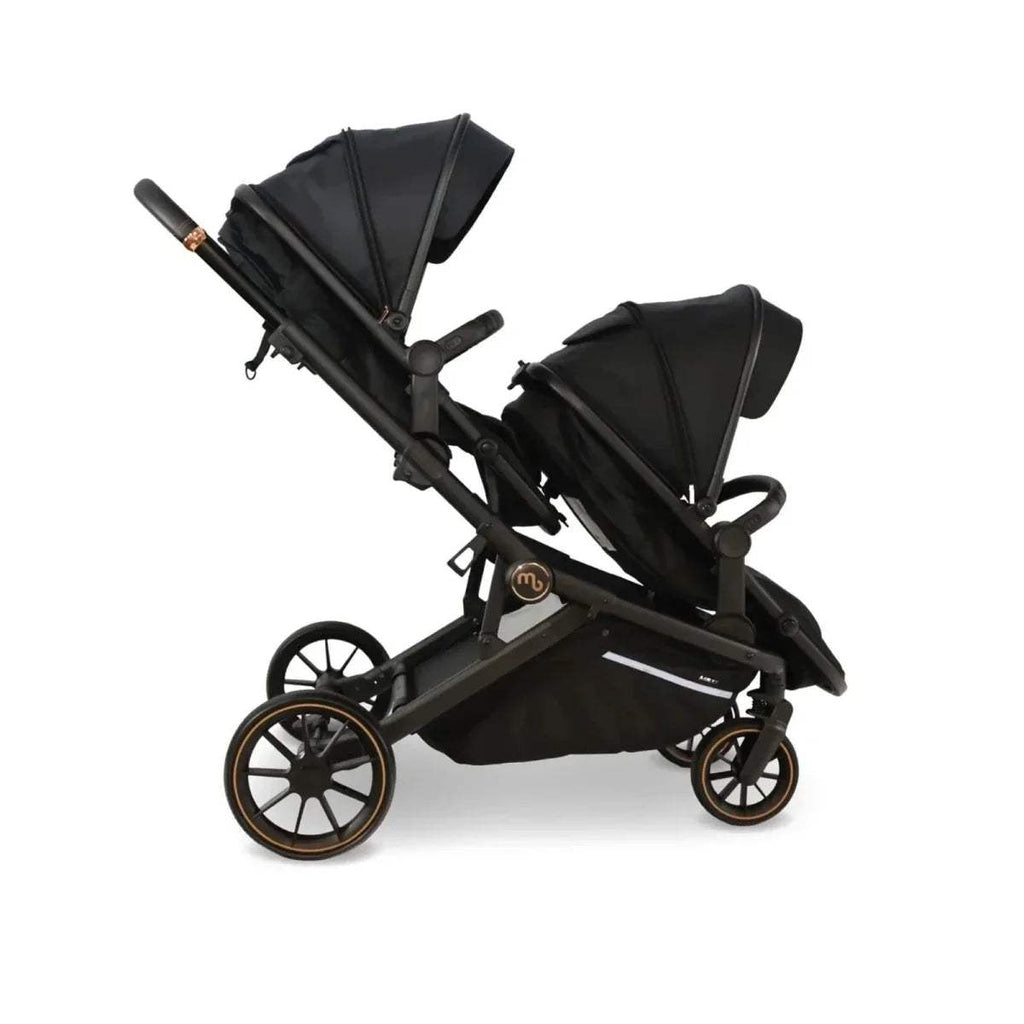 Black tandem pushchair with raised handlebar and dual seat canopies