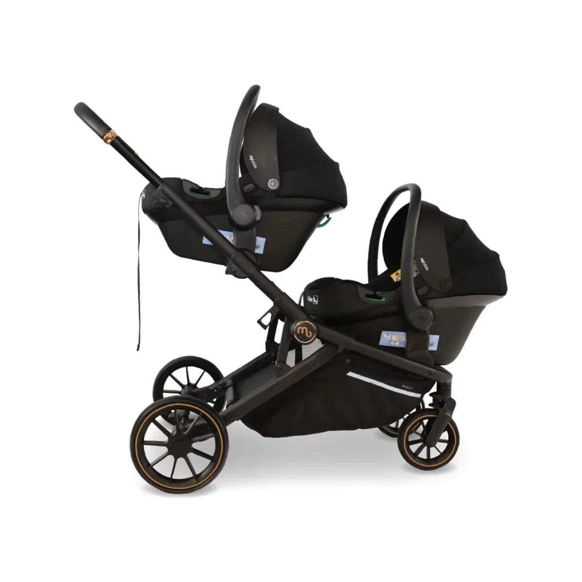 Black tandem pushchair with two seat pods and padded canopies