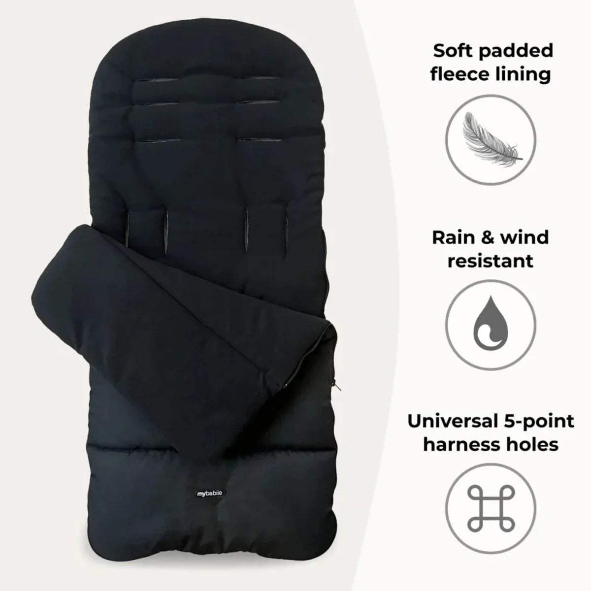 Black padded pushchair seat liner with fleece lining and covered arm
