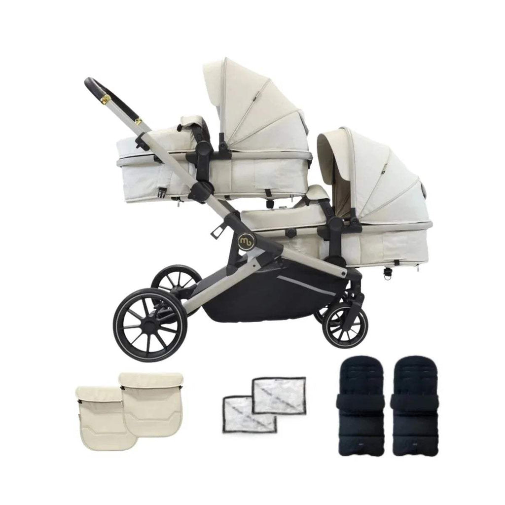 Ivory tandem pushchair with two seats, black chassis, wheels, and matching accessories