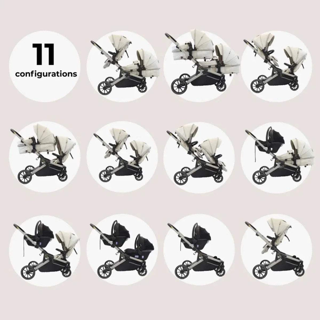 Tandem pushchair configurations collage showing multiple seat and stroller setups