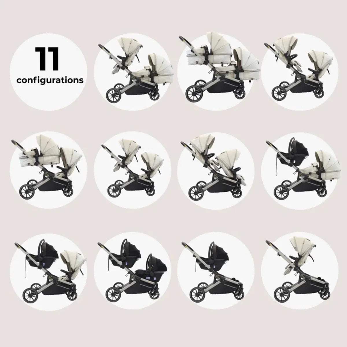 Tandem pushchair configurations collage showing multiple seat and stroller setups