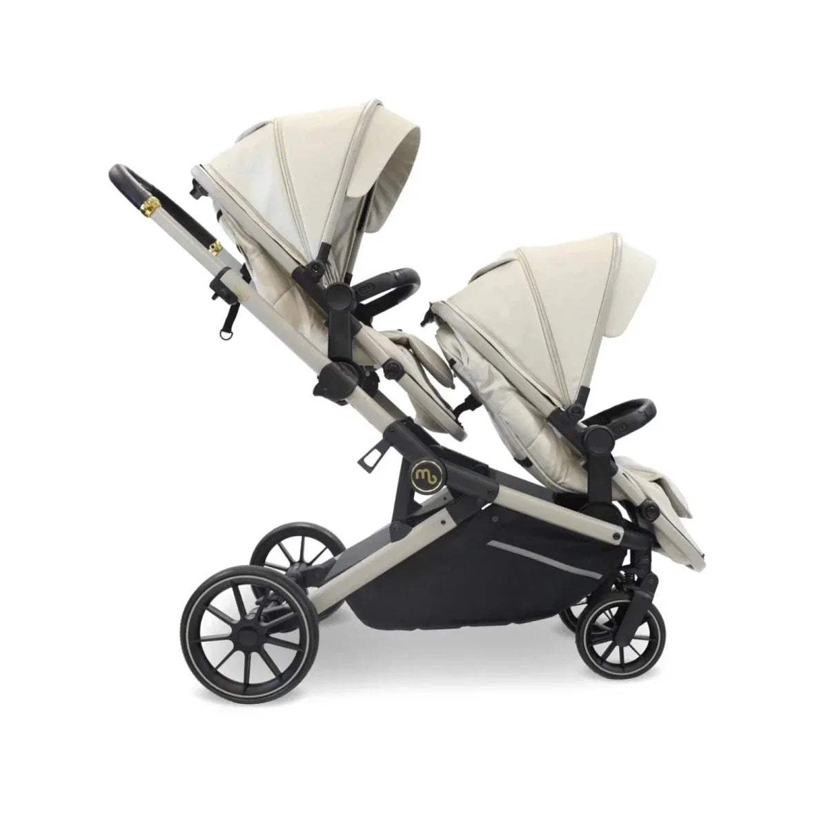 Ivory tandem pushchair angled view showing two seats, black wheels, and frame