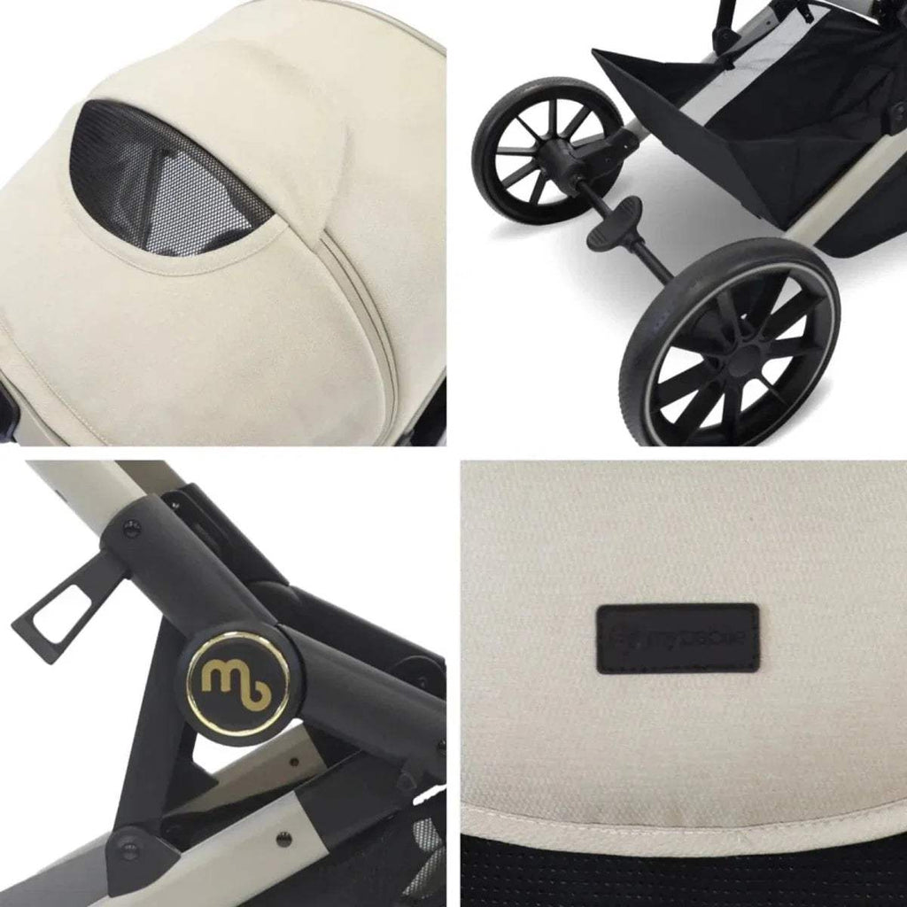 Ivory pushchair detail collage: canopy mesh, wheels, frame logo, and fabric label