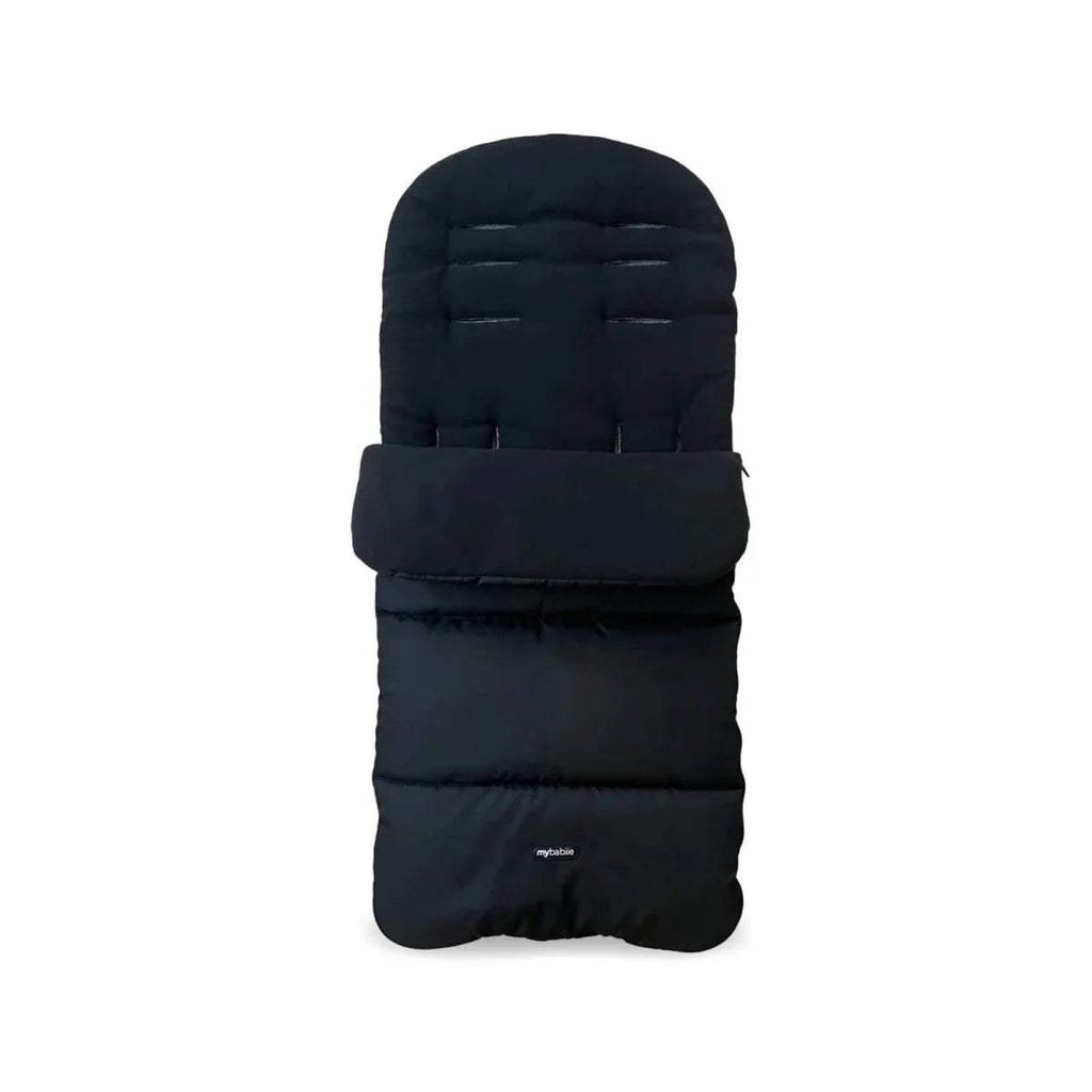 Black padded footmuff with handle and fitted opening for stroller harness