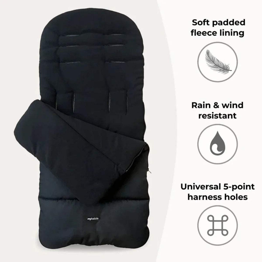 Black stroller footmuff with soft fleece lining, rain and wind resistance, 5-point harness holes