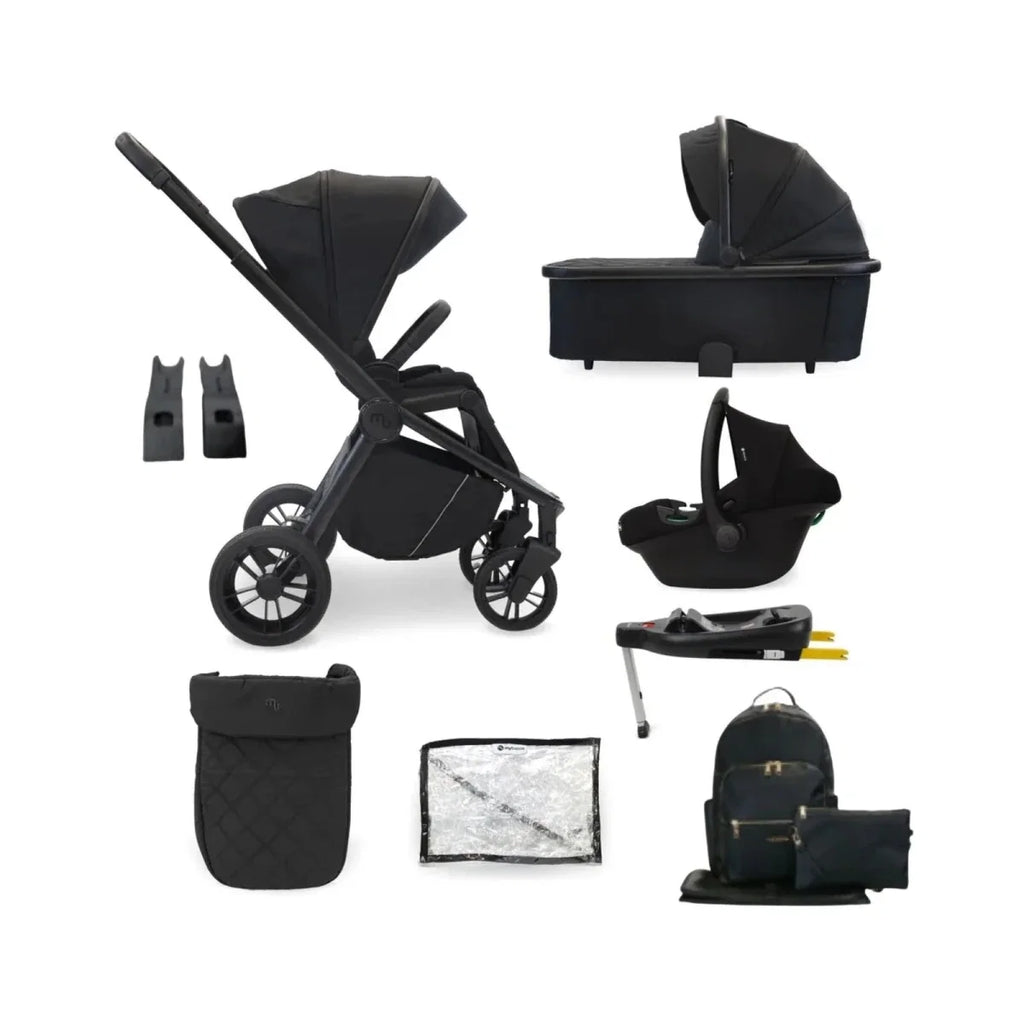3-in-1 black travel system set with stroller, carrycot, car seat, and accessories