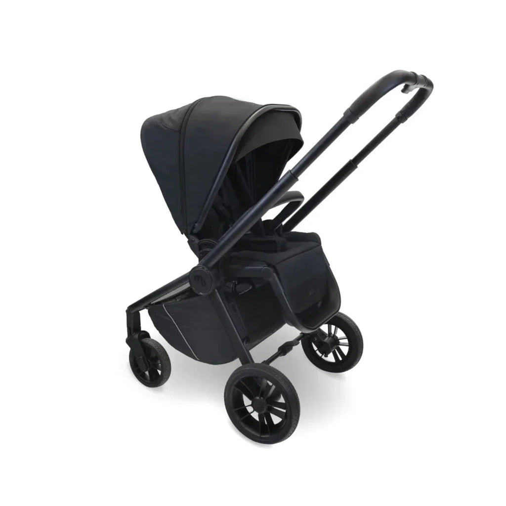 Black stroller with carrycot attachment, visible canopy and 5-point wheels