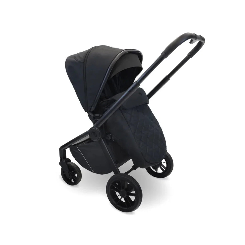 Black stroller carrycot in side view with adjustable canopy and front swivel wheels
