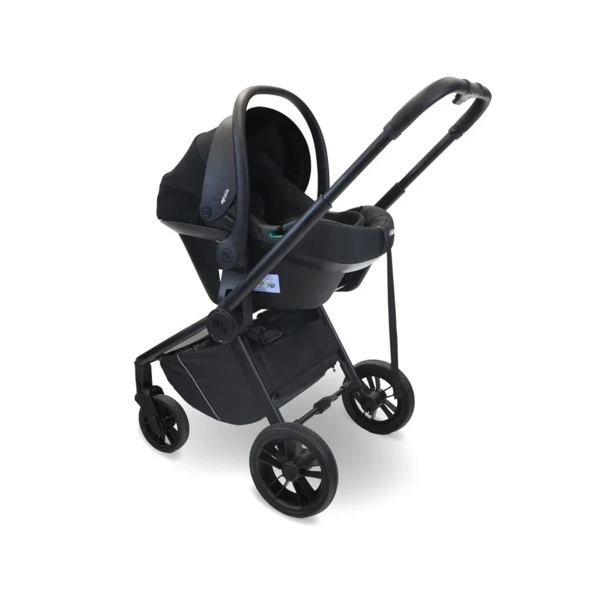 Black stroller with carrycot seat, round wheels, and front canopy detail