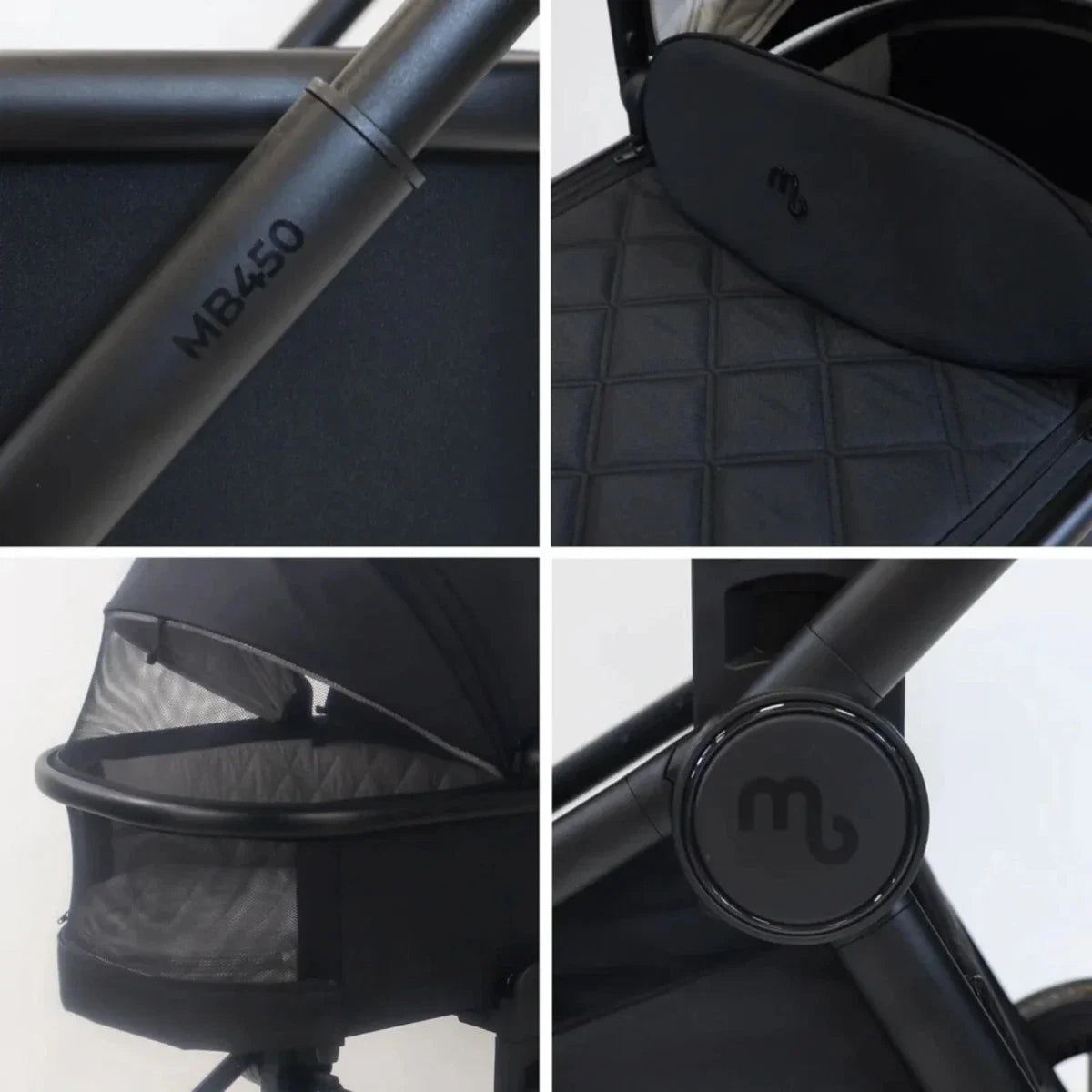 Black stroller frame close-up with MB450i marking and textured carrycot fabric