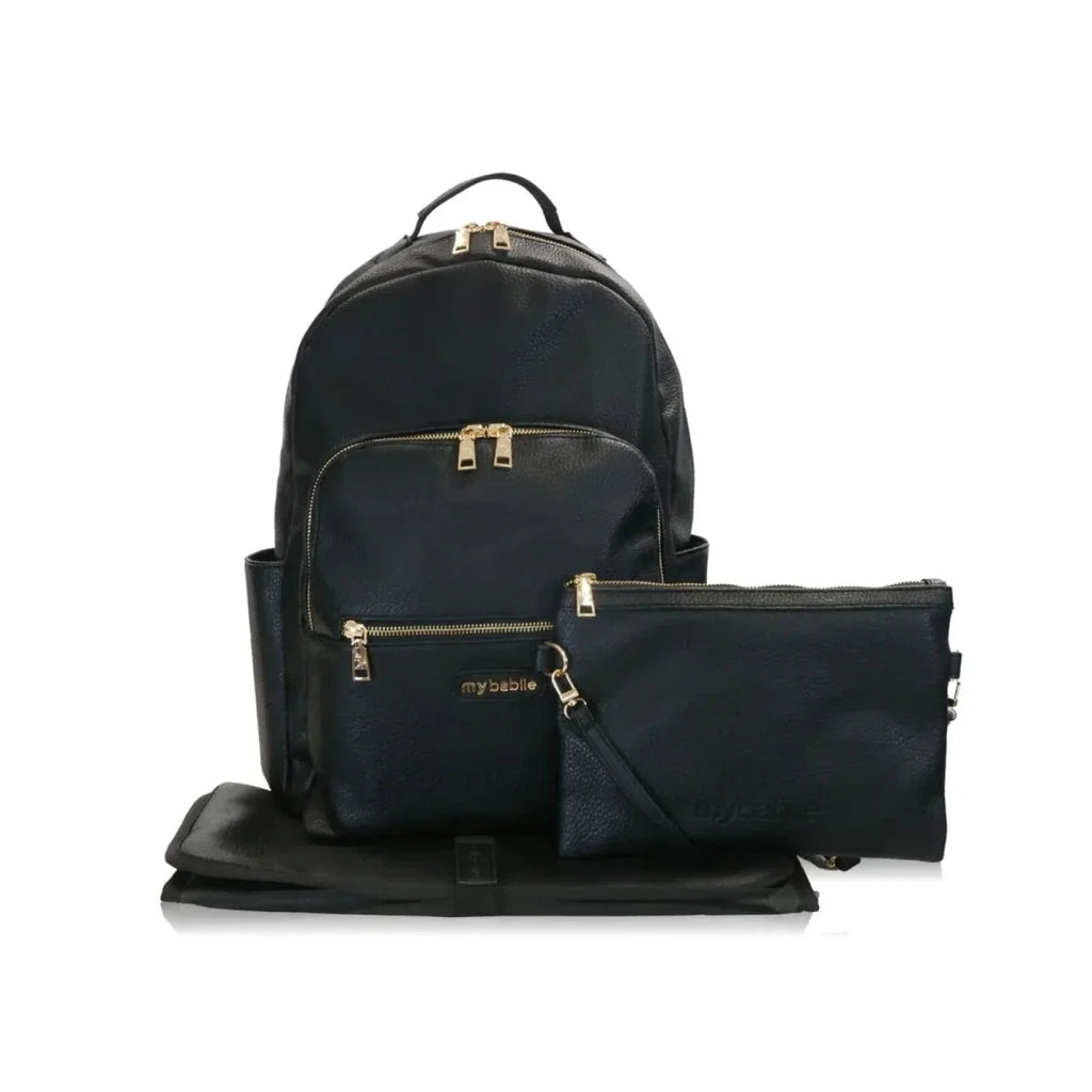 Black nappy backpack set with insulated front pocket and matching changing mat