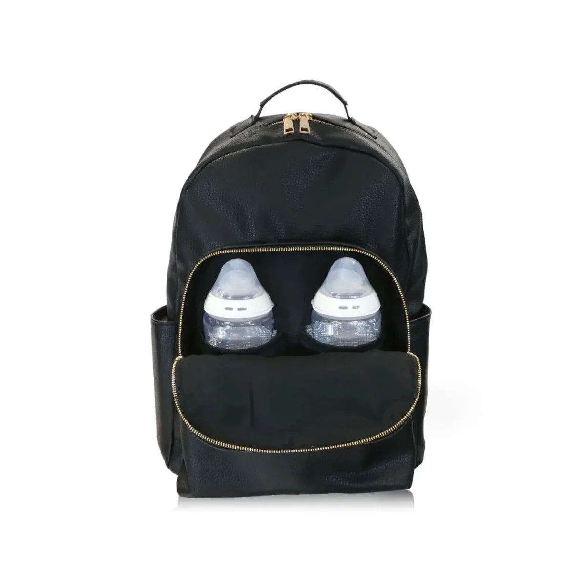 Black nappy backpack with front bottle pockets holding two baby bottles