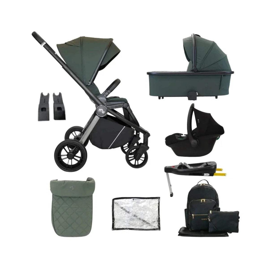 Forest green travel stroller with canopy, black wheels, and included accessories