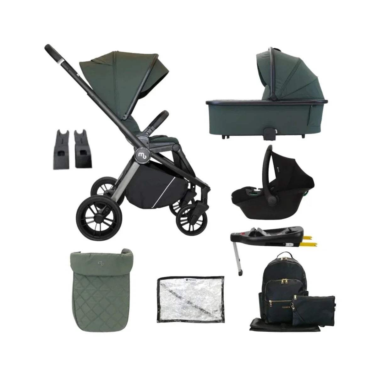 Forest green travel stroller with canopy, black wheels, and included accessories