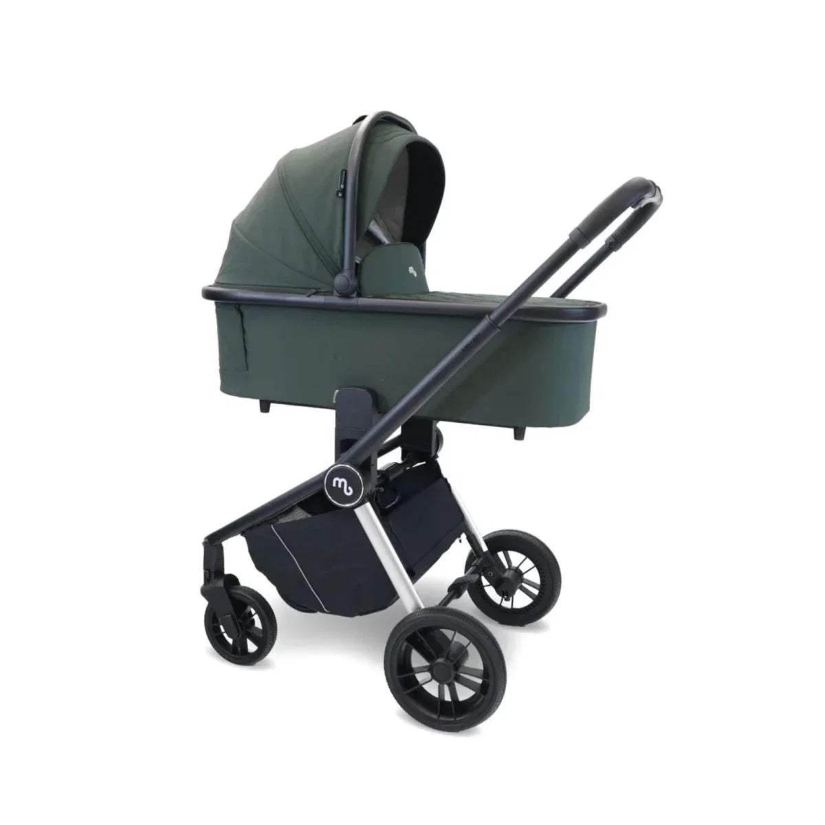 Forest green carrycot stroller with canopy, black undercarriage and seat