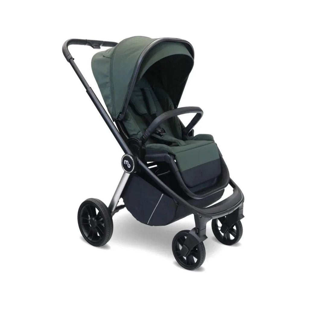 Forest green and black stroller seat with canopy and five-spoke wheels