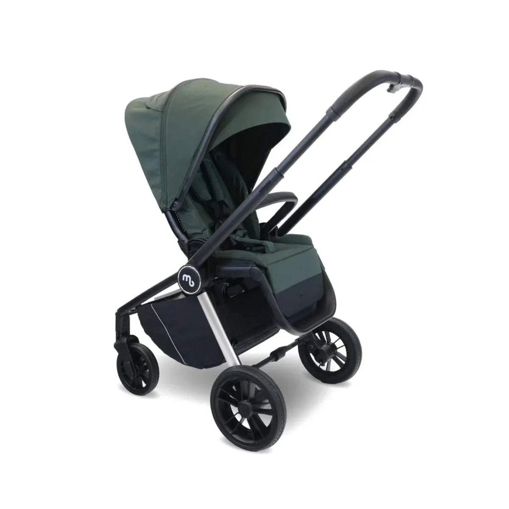 Forest green stroller seat with canopy and black frame, side view